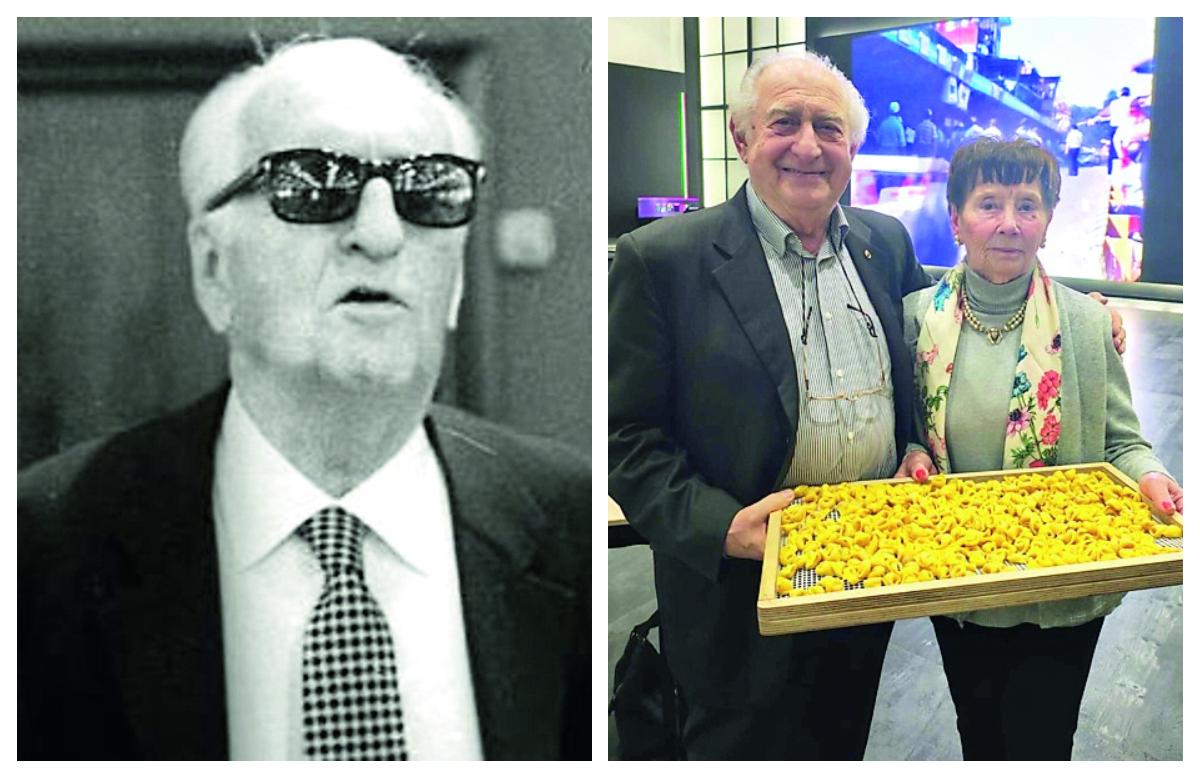 Enzo Ferrari in una foto d'epoca, a destra la sua storica collaboratrice Giuliana