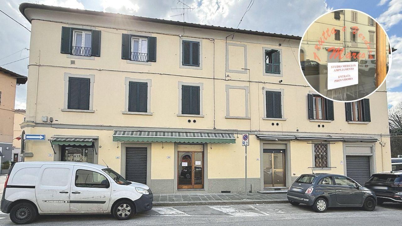 In alto la vetrina del negozio di frutta e verdura e, sotto, il complesso che lo ospita e che già adesso accoglie quattro studi medici