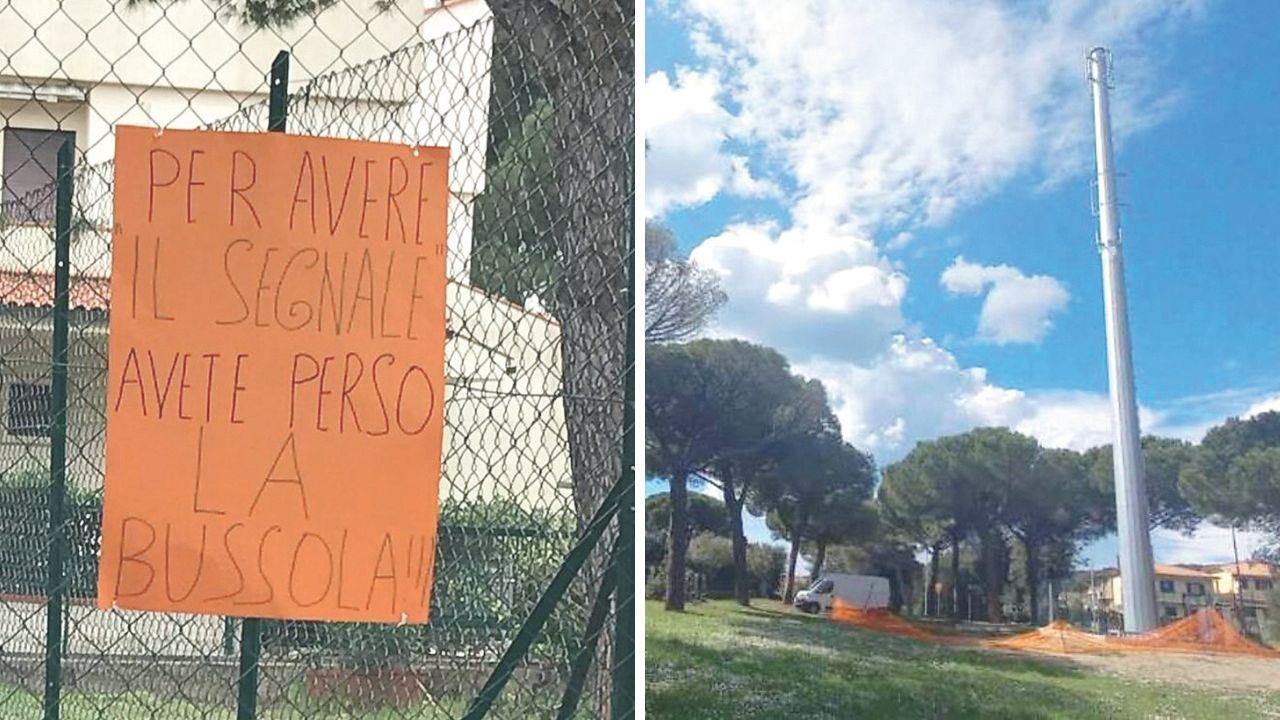 A sx uno dei cartelli di protesta realizzato dai residenti, a dx l’antenna in fase di costruzione in via Lungomonte