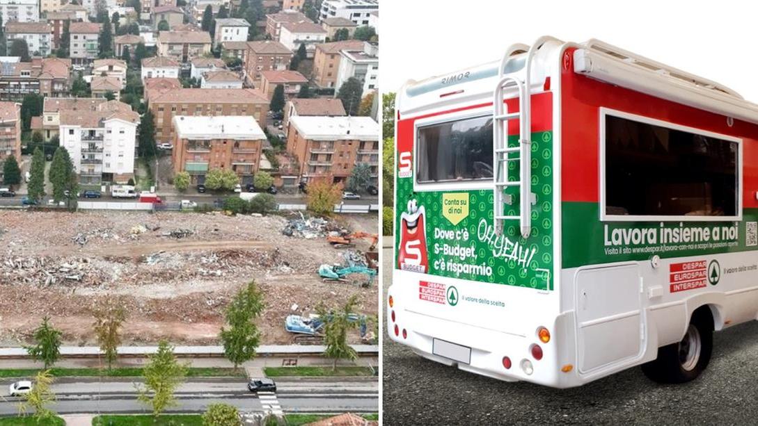 L'area dopo la demolizione dell'ex Blumarin e il camper Despar