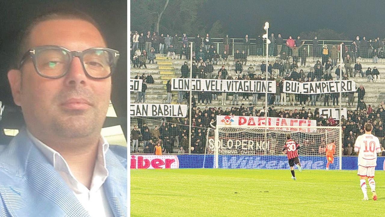 Nicola D'Andrea (foto Instagram) e gli striscioni esposti in curva dai tifosi della Lucchese nel match del 17 febbraio allo stadio Porta Elisa