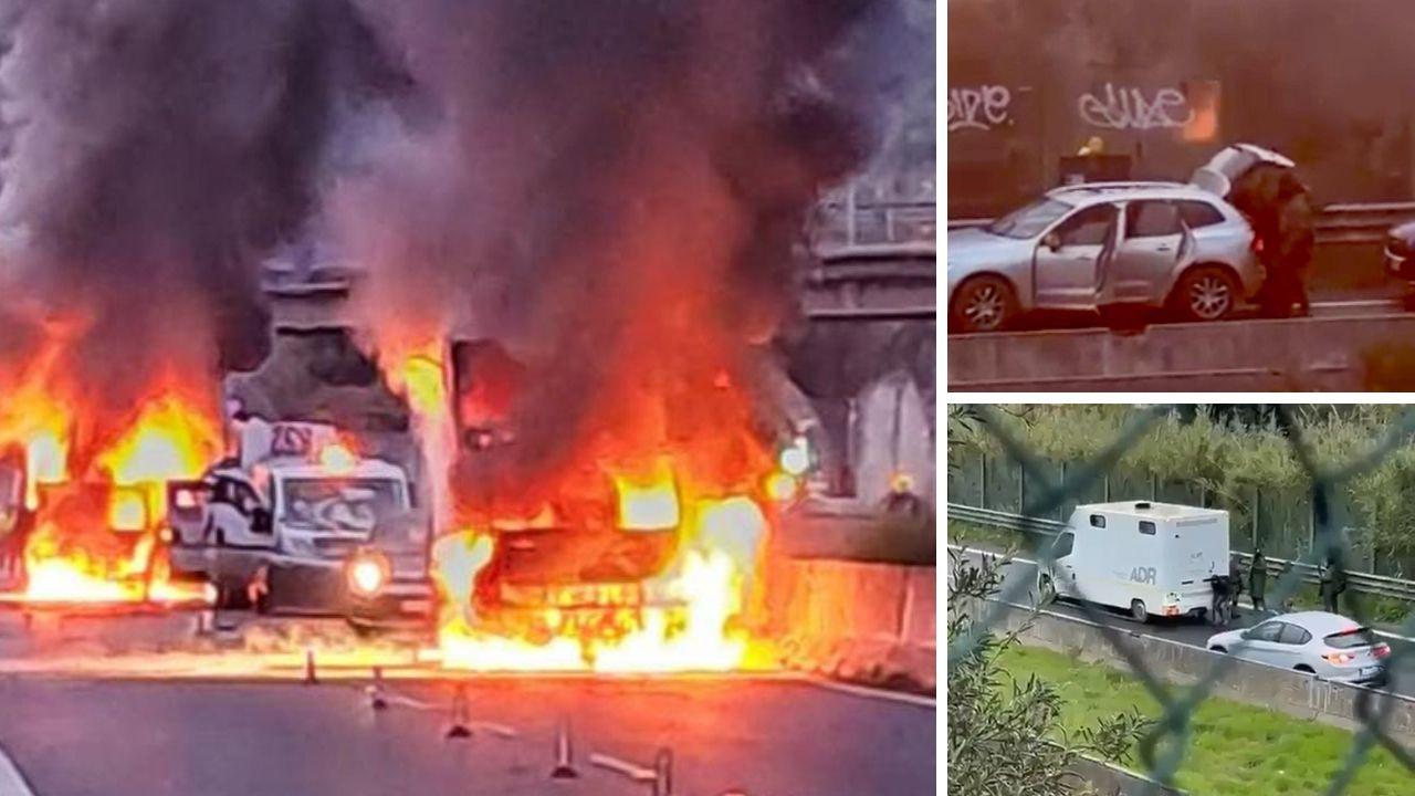 I banditi durante l'assalto e le fiamme in strada