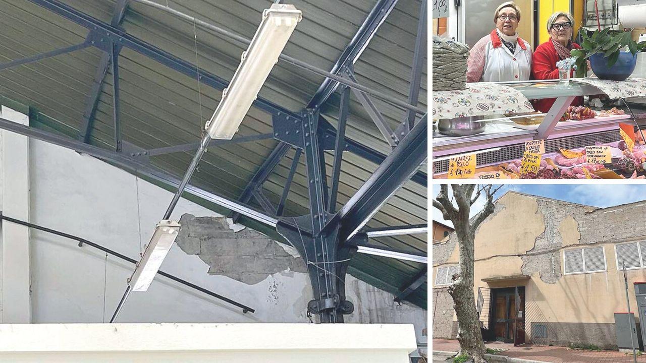 
	I segni del distacco di intonaco all&rsquo;interno del mercato coperto, a dx Silvana e Angela Bruschi

