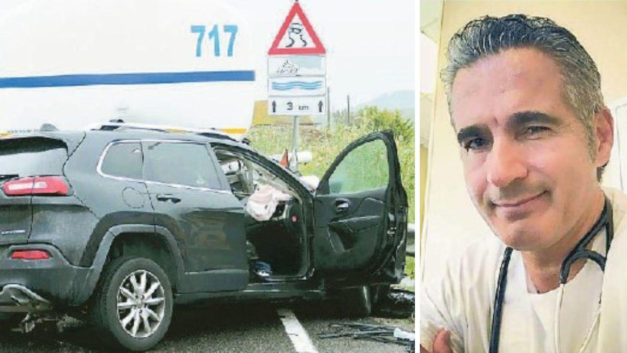 La vittima, Aniello “Nino” Tonziello e l'auto distrutta dopo l'incidente (foto Enzo Russo)