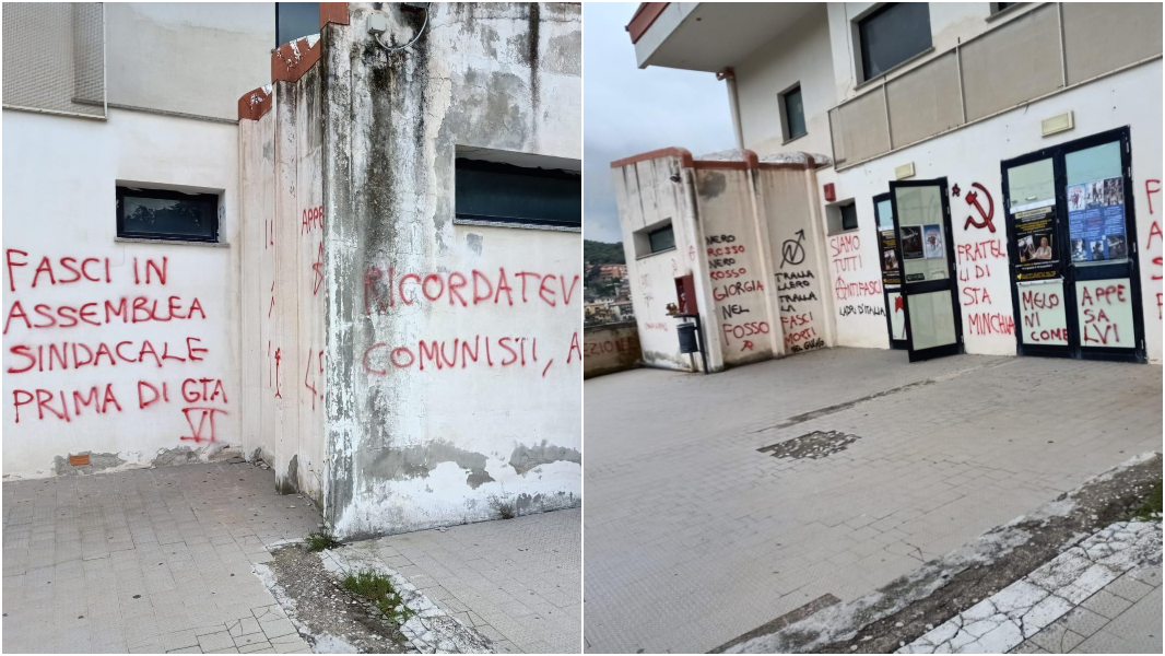 Scritte contro Meloni e Todde. Il presidente del consiglio regionale: «Atti vili che la Sardegna ripudia»