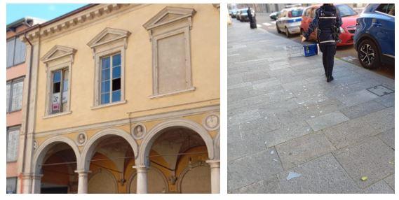 Il vento infrange i vetri delle finestre di Palazzo Ruini che cadono in strada