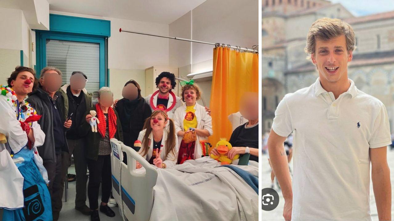 
	Filippo Bonacchi al termine di una delle sue performance in ospedale, a destra un primo piano

