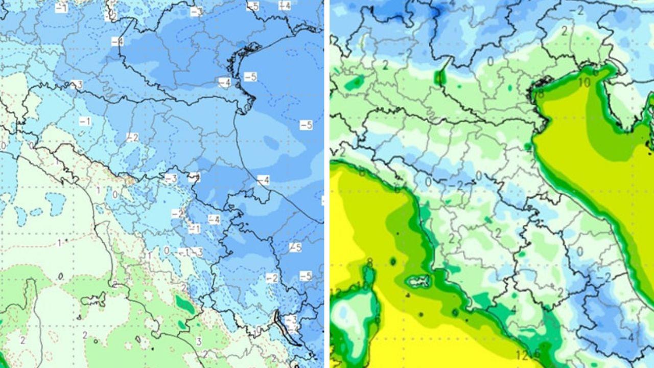 A sinistra le temperature nella mattina di lunedì 7 aprile; a destra martedì 8 (Elaborazione Cmt)