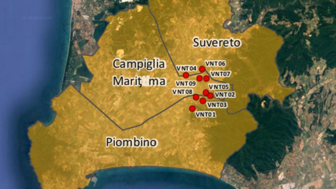 
	In rosso la distribuzione delle 9 torri eoliche del parco &ldquo;Pellestrina wind&rdquo; sul territorio

