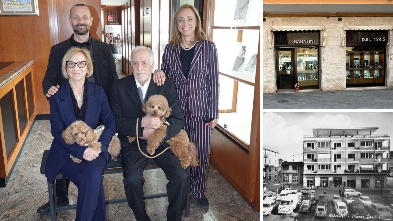 La famiglia e l’ingresso attuale della gioielleria Sabatini (foto Enzo Russo). In basso il negozio fotografato decenni fa