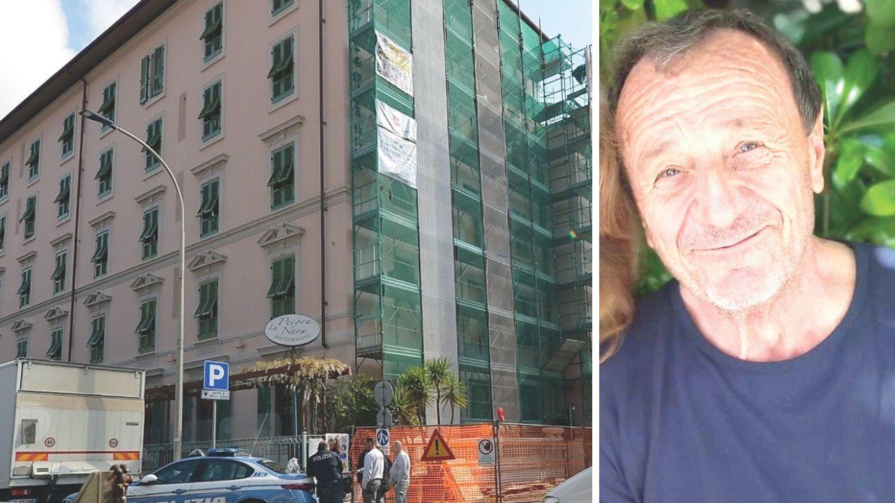 La polizia davanti all’hotel Ercolini e Savi dove si è verificata la tragedi e la vittima, Massimo Mirabelli, 76 anni