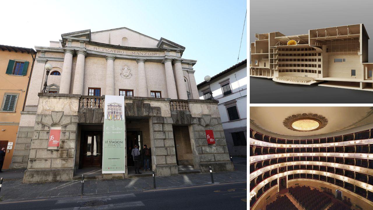 L’esterno del teatro Manzoni, a dx in alto il modellino dell’interno del futuro Manzoni e sotto il rendering con il ritorno ai cinque palchi