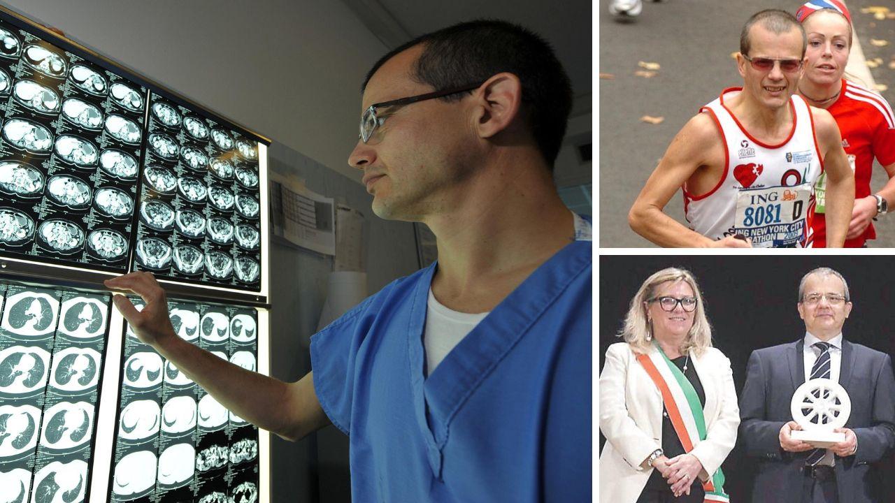 
	Il professor Ugo Boggi al lavoro, a dx alla Maratona di New York e,&nbsp;sotto, premiato dalla sindaca di Carrara Serena Arrighi

