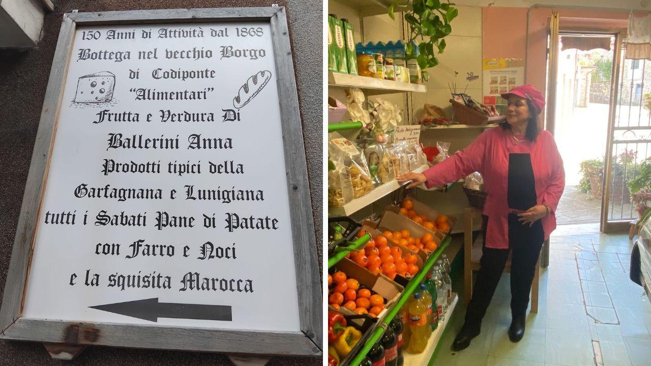 Anna nella sua bottega e la scritta all'esterno