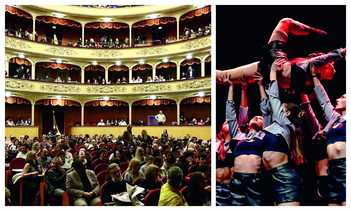 La platea del teatro Storchi, a fianco una delle performance di Invivavoce
