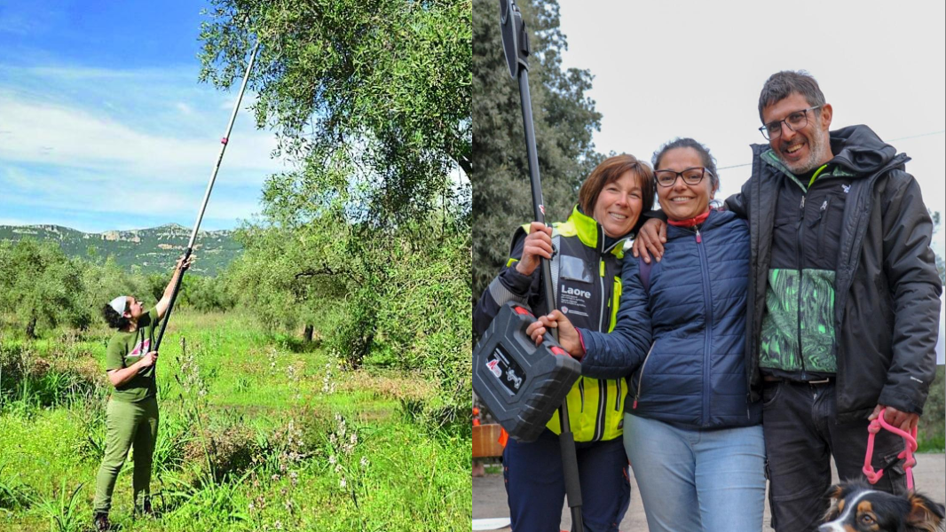 
	A sinistra Stefania Tangianu impegnata nella potatura, a destra tra i maestri sassaresi Cosima Deiana e Gianluca Pulina

