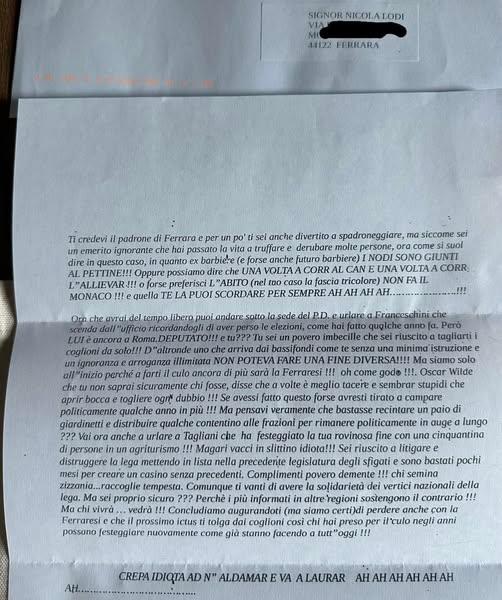 Ferrara, lettera di insulti a Nicola Lodi