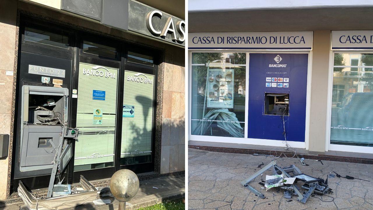 A sinistra il bancomat a Capezzano Pianore, a destra quello a Lido di Camaiore (foto Paglianti)