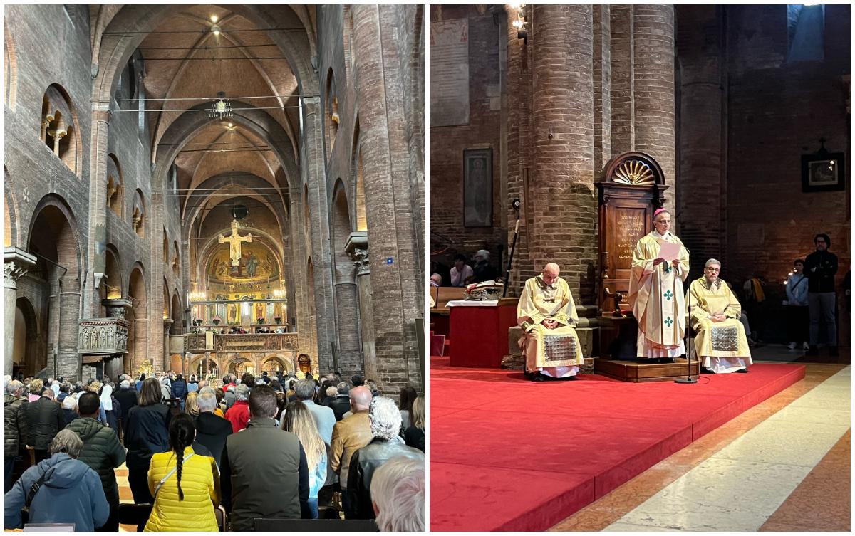 Il Duomo gremito, a destra il vescovo durante la lettura dell'omelia