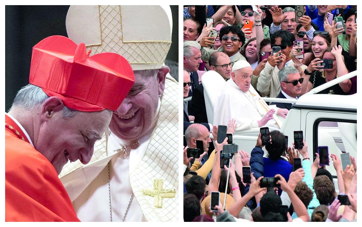 A sinistra Zuppi e Bergoglio, a destra l'ultimo viaggio del Pontefice sulla papamobile