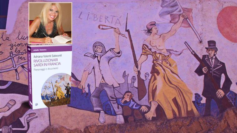 Adriana Valenti Sabouret (nel riquadro) e un dipinto murale di Orgosolo riprodotto nella copertina del libro