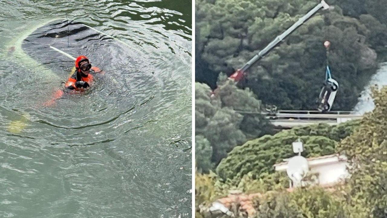 Un vigile del fuoco sulla macchina sommersa (foto dei vigili del fuoco) e il recupero dell’auto