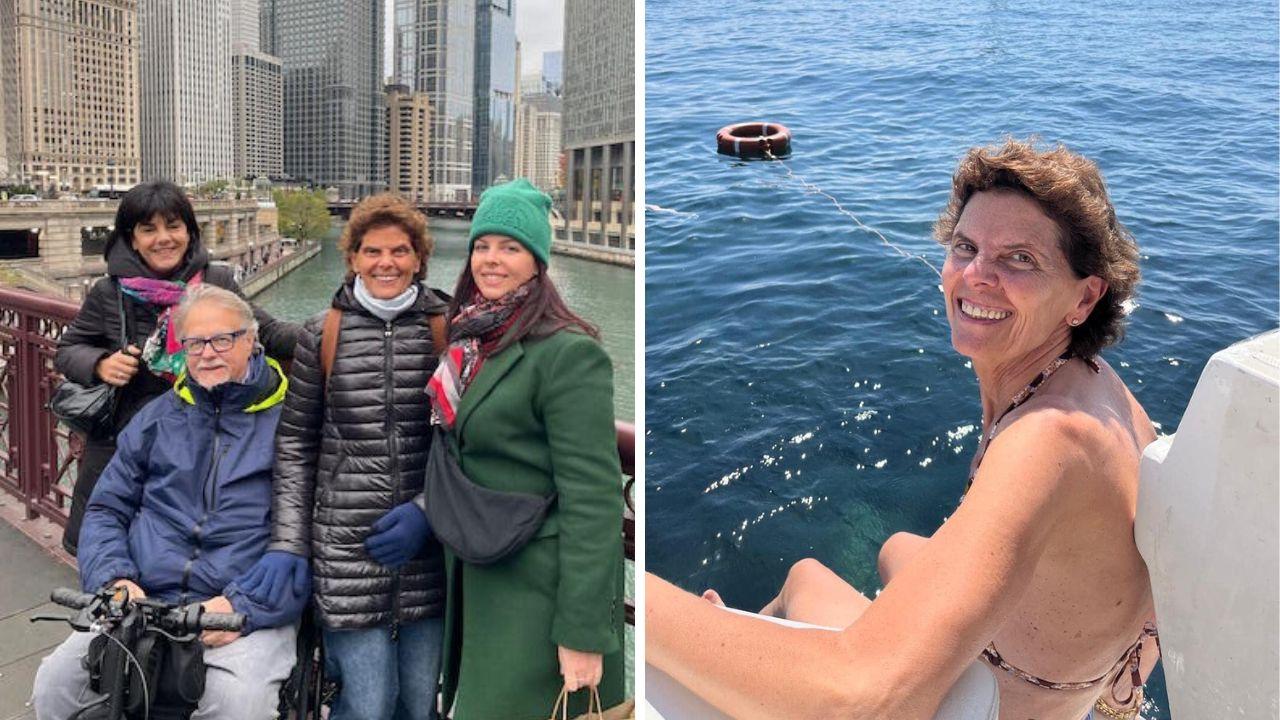 Rossella Elisei insieme al marito e alle figlie; a destra da sola