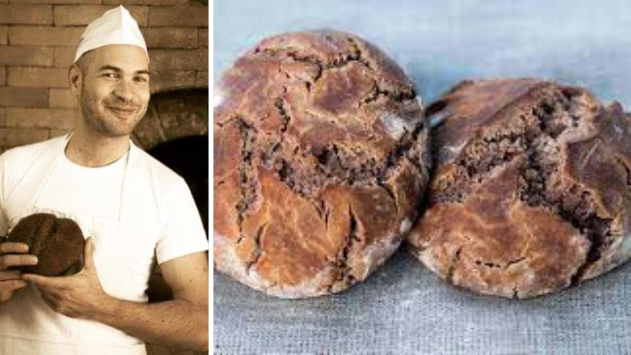 
	Fabio Bertolucci nel suo forno, con una marocca in mano e due pagnotte&nbsp;&nbsp;

