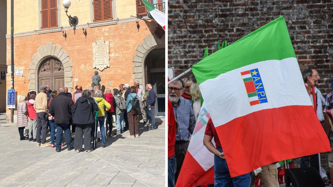 Un momento della protesta del 24 aprile (foto Enzo Russo) e una bandiera dell'ANPI