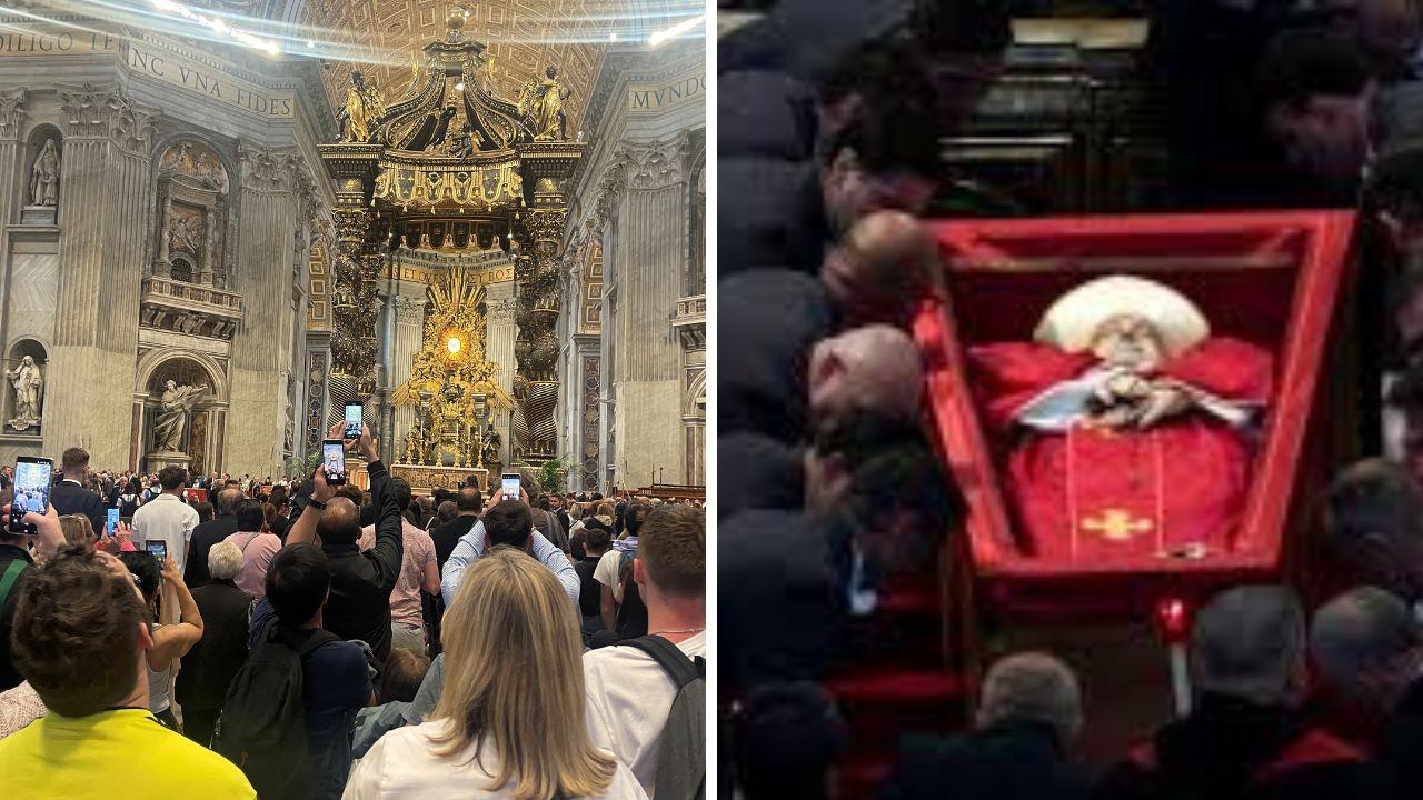 A sinistra i tentativi di fotografare il Papa dentro la basilica