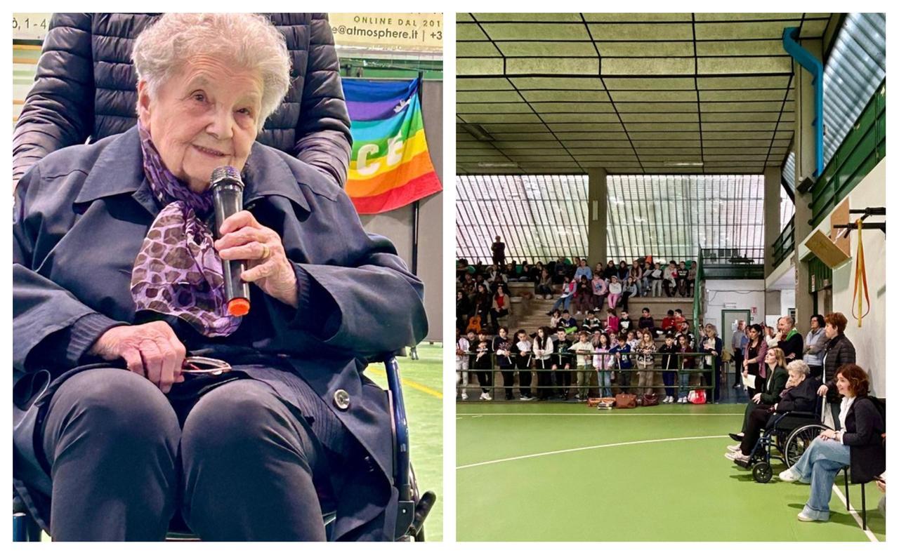 
	A sinistra&nbsp;Savina Reverberi Catellani, a destra la platea di studenti

