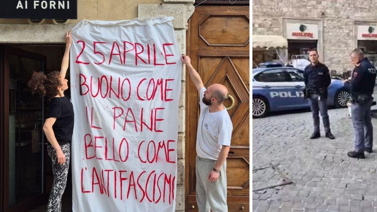 Lo striscione esposto e il primo controllo della polizia
