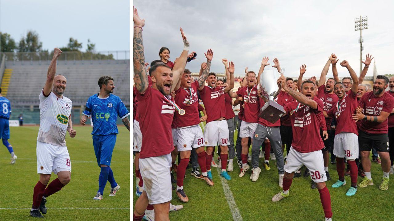 L'esultanza di Luci e la festa del Livorno per il titolo di campioni del girone E di Serie D (Foto Stick)