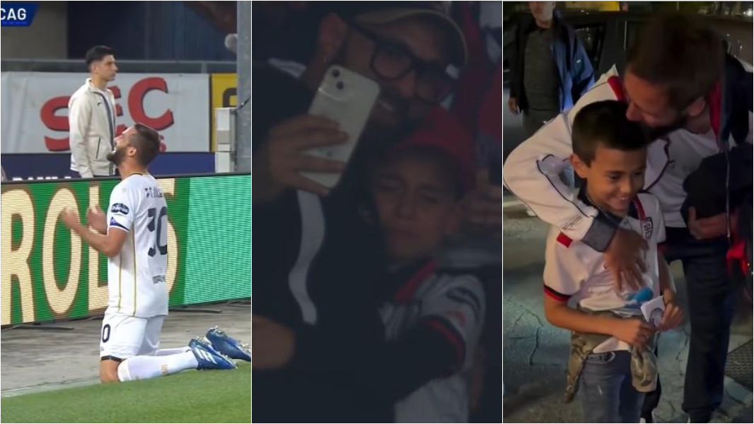 L’abbraccio tra Pavoletti e il bambino che dopo il suo gol piangeva di gioia in tribuna