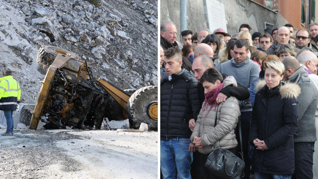 A destra i funerali di Nicola Mazzucchelli, a sinistra l'ultimo incidente mortale alle cave