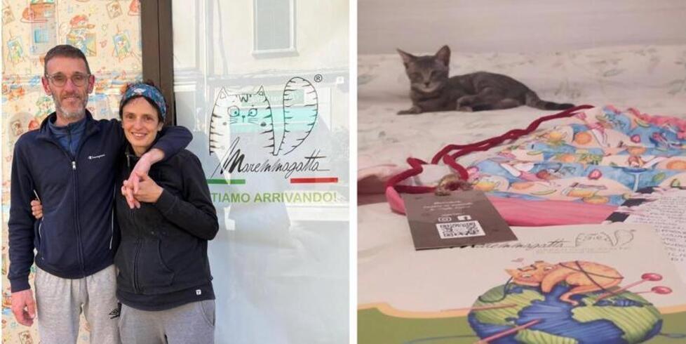
	Patrizia&nbsp; Lorenzini e Gianni Neri&nbsp; davanti&nbsp; al negozio in allestimento e uno scatto del concorso con i gatti e le loro creazioni

