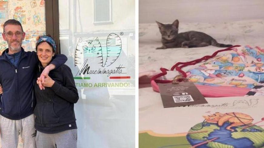 Patrizia Lorenzini e Gianni Neri davanti al negozio in allestimento e uno scatto del concorso con i gatti e le loro creazioni