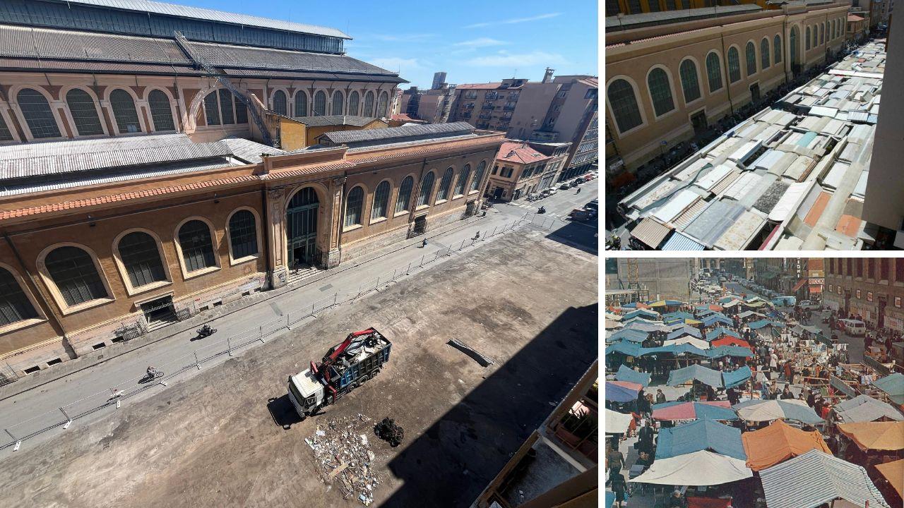 A sx la piazza liberata dalle baracchine (foto Stick), a dx in alto le baracchine e in basso il mercato di via Buontalenti negli anni '60