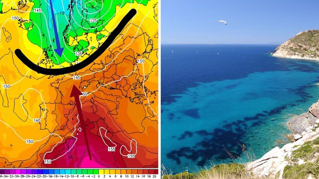 Un modello (foto da Centro meteo Toscana) e uno scorcio di Chiessi (Elba)