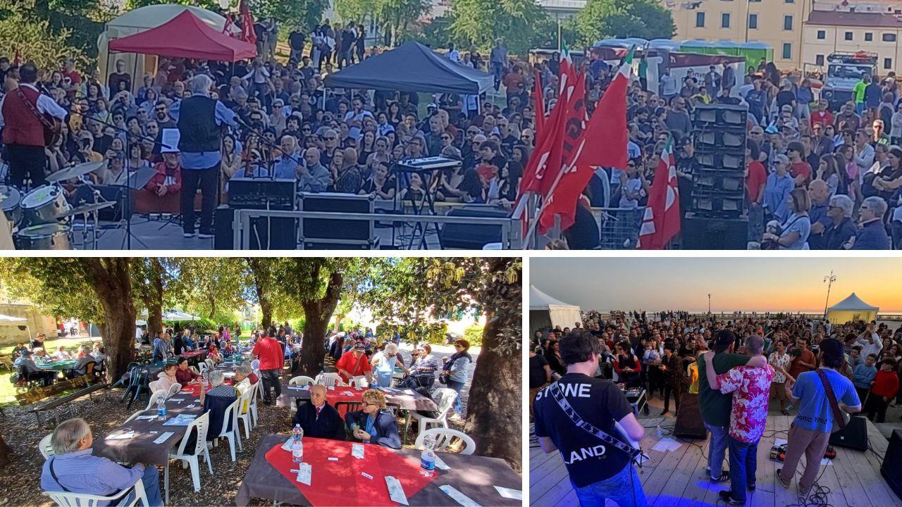 
	In alto la marea di persone alla festa Cgil in Fortezza Nuova; a sinistra Ardenza insieme a tavola nel parco Kahlo; a destra una bella immagine della festa del Surfer Joe alla terrazza (foto di Francesco Luongo)

