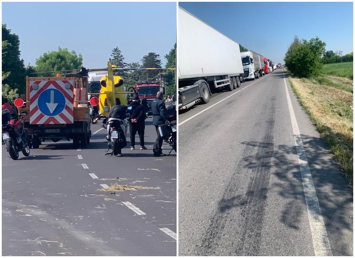 Auto contro moto a Mirandola: traffico in tilt su via Statale Nord. Un ferito trasportato in elicottero