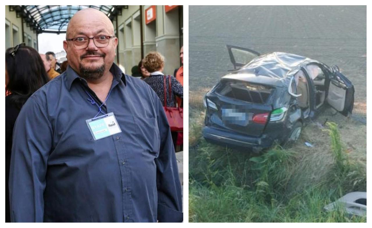 A sinistra Giuliano Bassoli, a destra la sua auto uscita di strada