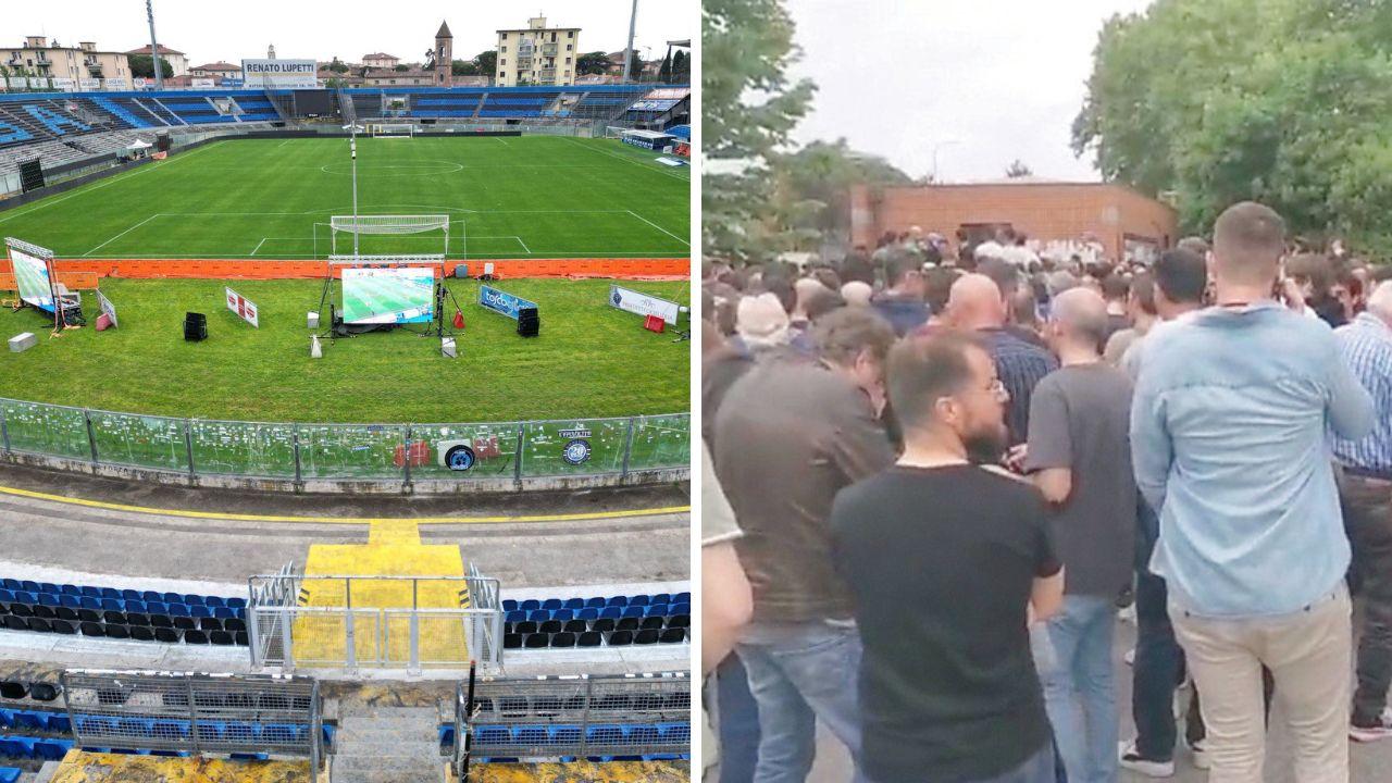 
	L'allestimento degli schermi (foto dal Comune di Pisa) e la fila per i biglietti

