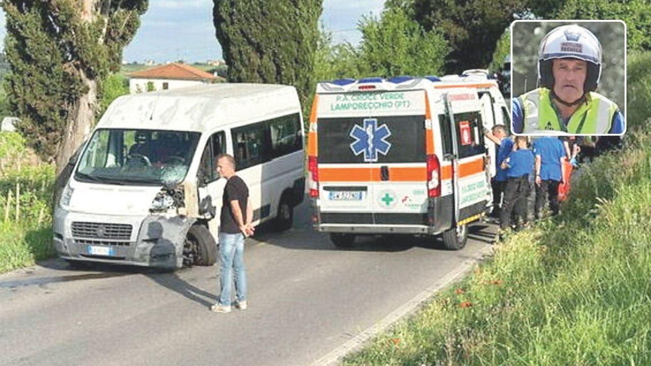 
	I soccorsi dopo l'incidente mortale (foto Nucci) e la vittima Piero Pratesi

