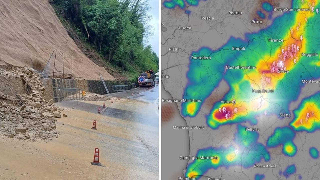 La frana sulla statale 66 nel comune di San Marcello-Piteglio e la linea temporalesca