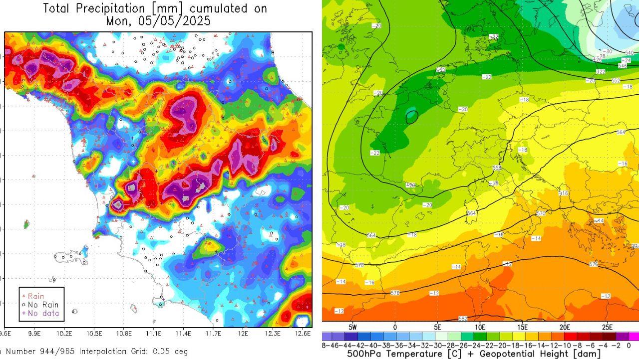 
	A sinistra la pioggia caduta in Toscana il 5 maggio e a destra la situazione delle temperature ad alta quota (Elaborazione Lamma)

