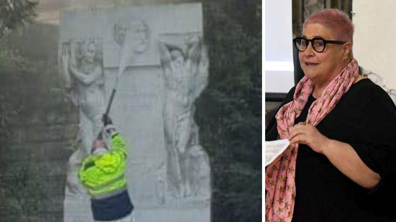 La pulizia della statua con il "fucile" idropulitore e la restauratrice Emma Castè