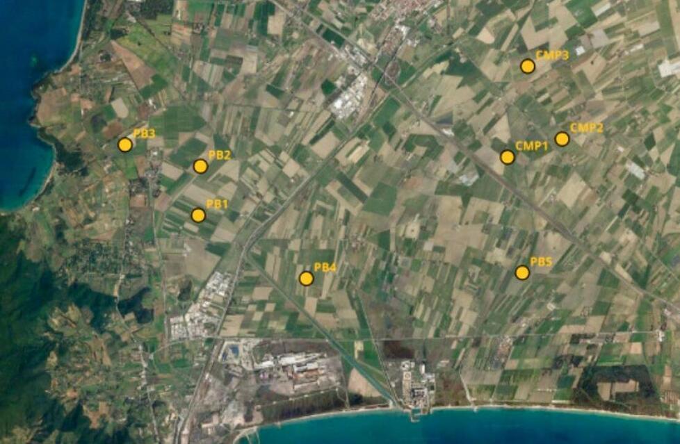 
	In giallo la localizzazione degli otto aerogeneratori tra Piombino e Campiglia Marittima

