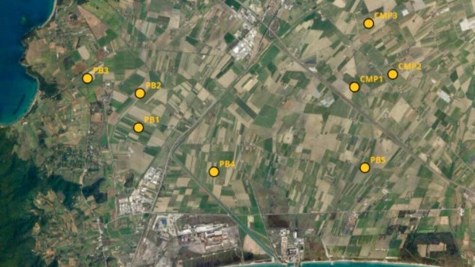 In giallo la localizzazione degli otto aerogeneratori tra Piombino e Campiglia Marittima