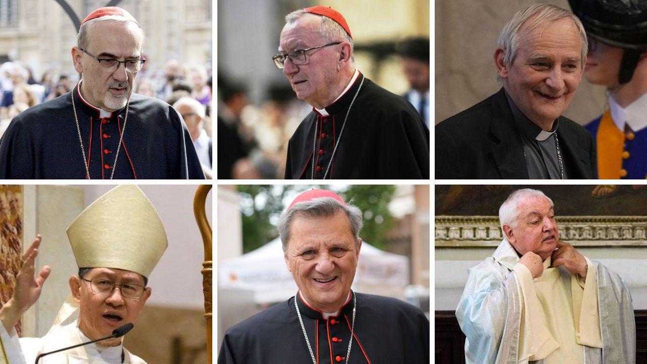 In alto da sinistra: Pizzaballa, Parolin e Zuppi; sotto da sinistra: Tagle, Grech e Aveline
